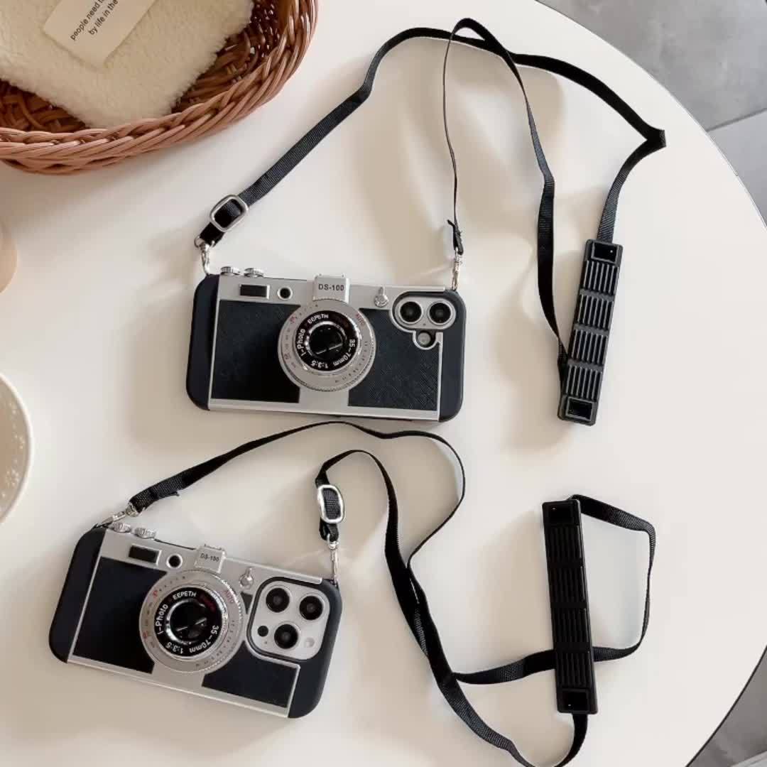 Fashion Crossbody Strap 3D Camera Phone Case for iPhone 16 15 Pro 14 Plus 11 13 12 Pro Max Cover Cute Soft Protective Cases